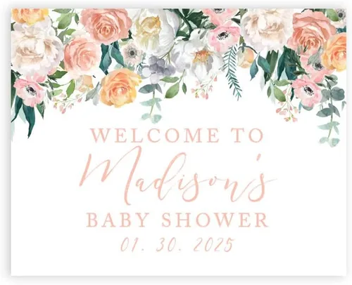 Vista 18 de Andaz Press Letrero de bienvenida personalizado de lona grande para baby shower, flores rosas rubor, 16 x 20 pulgadas, alternativa al libro