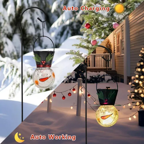 Vista 4 de Viveta Linterna solar de muñeco de nieve, faroles solares colgantes de Navidad, farol impermeable de cristal agrietado para exteriores con gancho