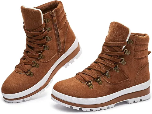 Vista 9 de FRACORA Botas de combate para mujer, con cordones, botas de nieve, botas de invierno con cremallera lateral, botines de moda Negro