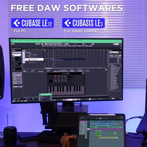 Vista 5 de Controlador de teclado MIDI Bluetooth portátil HXW, con 25 teclas, 9 almohadillas de ritmo retroiluminadas, pantalla OLED, 8 perillas, software