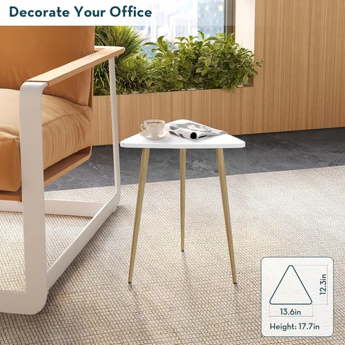 Vista 5 de SAYGOER Mesa auxiliar blanca pequeña triangular, mesa de sofá moderna y estrecha para sala de estar, dormitorio, mesita de noche única, marco
