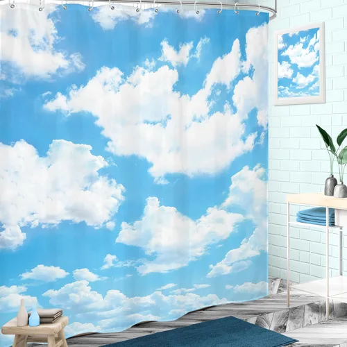 Vista 3 de Cortina de ducha con fondo de cielo azul, 72 x 72 pulgadas, paisaje natural, tela impermeable, poliéster, decoración de bañera, paquete de 12