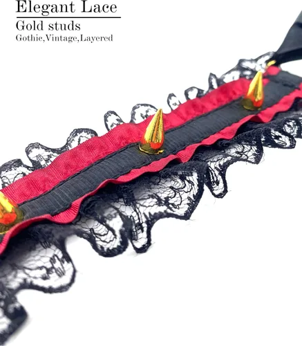 Vista 4 de EverGlimp Gargantilla gótica negra y roja para mujer, encaje vintage y tachuelas con lazo rojo, gatitonekololitabrujavampiro collar de gargantilla