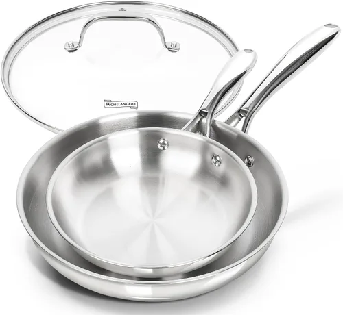 Vista 11 de MICHELANGELO Juego de sartenes de acero inoxidable, 8" 9.5" 11" sartén de inducción, sartenes de cocina de base triple con mango ergonómico
