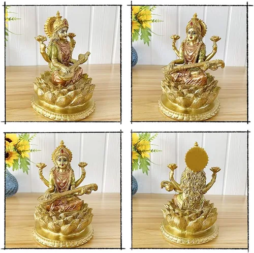 Vista 4 de BangBangDa Diosa hindú Señor Saraswati estatua – Ídolo indio de la música sentado en la escultura de loto – Figura de Dios de la India