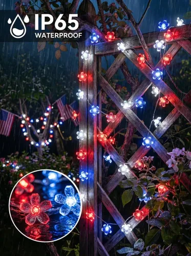 Vista 3 de Guirnalda de luces para interiores del 4 de julio, funciona con pilas, 30 luces LED de color rojo, azul, blanco, flor de cerezo, guirnalda de luces
