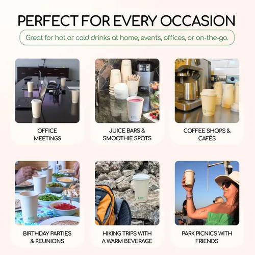 Vista 9 de Living Balance - Tazas de café compostables certificadas con tapas, 12 onzas, paquete de 100 con agitadores y mangas integradas, resistentes