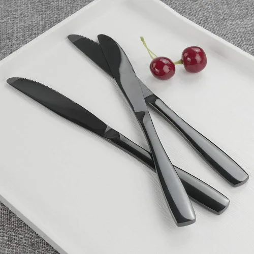 Vista 4 de Teyyvn 16 cuchillos de cena de acero inoxidable negros, cuchillos de mesa para cubiertos Espejo pulido, acero inoxidable de grado alimenticio