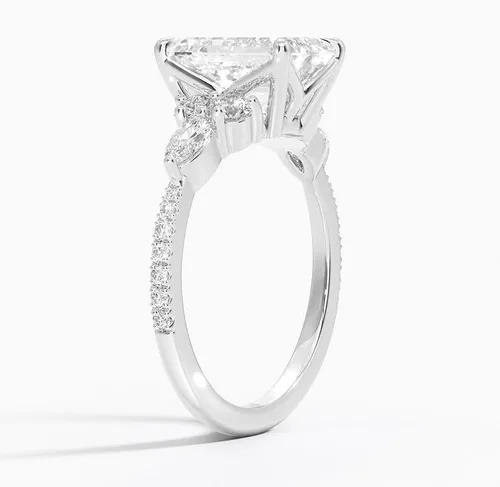 Vista 2 de IGI 2.56 Carat White Emerald Excellent Cut Four Claw Prongs Lab Created Diamond Engagement Ring With Side Marquise and Round Lab Diamonds In 14k