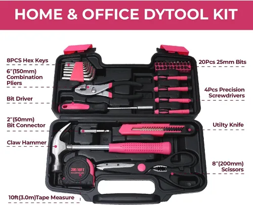 Vista 2 de Kit de herramientas básicas de 39 piezas para mujeres, juego de herramientas rosadas multiusos para el hogar con herramientas manuales y caja