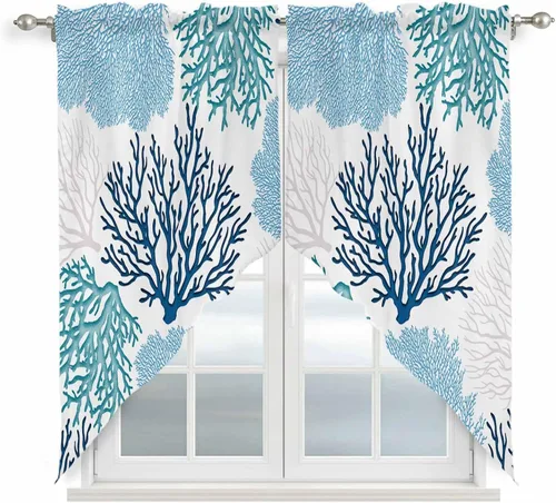 Vista 37 de Cenefa de amarre para ventanas, cortinas náuticas costeras de coral, cenefas con bolsillo para barra, cortinas de ventana con temática de playa