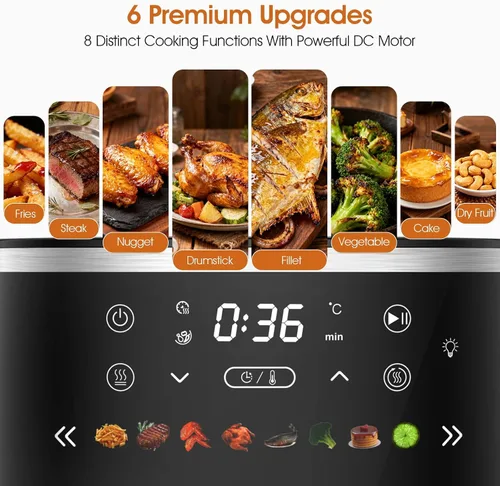 Vista 4 de Freidora de aire digital con ventana, 6 cuartos de galón, 1550W, 8 presets, temporizador y control de temperatura