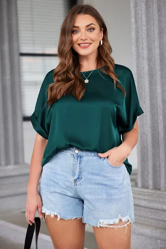 Vista 3 de IN'VOLAND Blusa de manga corta con volantes y cuello en V para mujer, de talla grande, para trabajo, negocios, casual