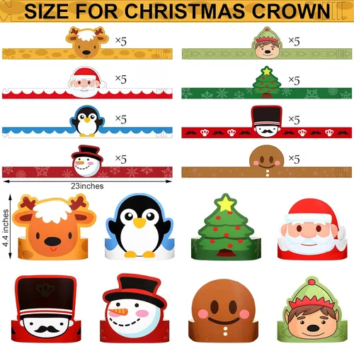 Vista 3 de Skylety 40 sombreros de fiesta de papel de Navidad para niños, ajustable, corona de papel, diadema, Papá Noel, elfo, reno, muñecos de nieve, hombre