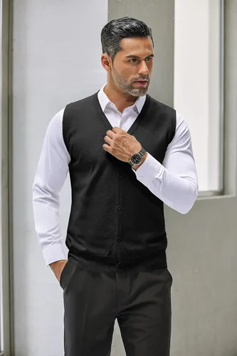 Vista 2 de COOFANDY Chaleco de suéter para hombre, cuello en V, casual, sin mangas, con botones, cárdigan