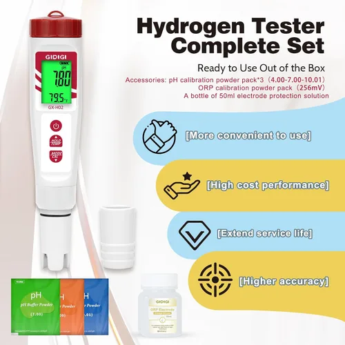 Vista 6 de Probador de agua de hidrógeno, medidor de ORP GIDIGI - Medidor digital de pH para probar agua potable, detector electrónico de temperatura de pH PPM