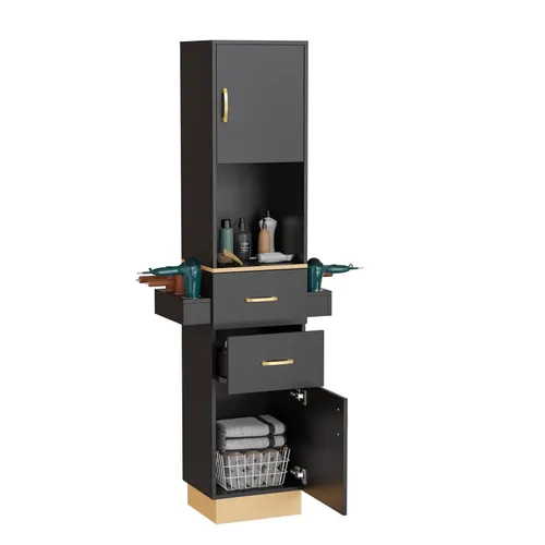 Vista 11 de OmySalon Estación de peluquería, estación de peluquería para estilista, gabinete de almacenamiento de belleza con acabado de acero inoxidable, Negro