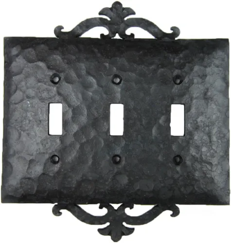 Vista 3 de Cubierta de placa de interruptor de palanca triple de hierro forjado de desplazamiento español rústico EPH231 (negro)