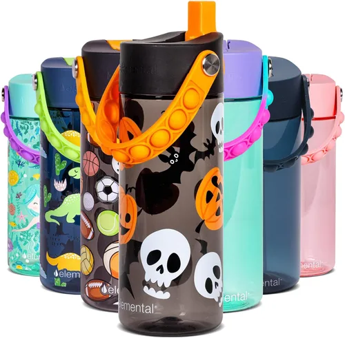 Vista 25 de Elemental Botellas de agua para niños – Botella de agua para niños Splash para la escuela con mango Pop-it – Botella de agua de plástico Tritan sin