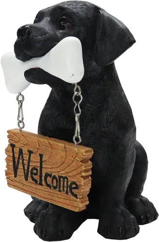 Vista 2 de Nature's Mark Estatua de cachorro de perro Labrador Retriever negro con letrero de bienvenida, estatua de jardín de resina, decoración de 6.7 Black