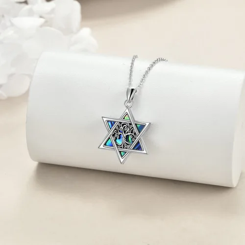Vista 52 de YFN Collar de estrella de David de plata de ley, concha de abulón, árbol de la vida, joyería judía, regalos para mujeres y hombres