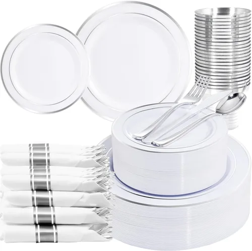 Vista 9 de WELLIFE 210 vajilla de plástico negro con servilletas preenrolladas, incluye: 30 platos llanos, 30 platos de postre, 30 servilletas de papel, 30