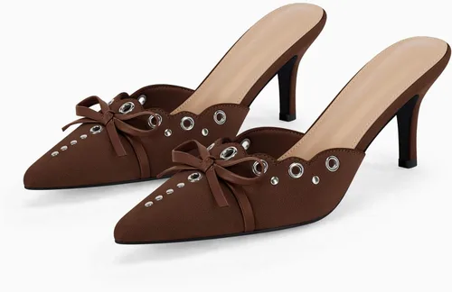 Vista 4 de Coutgo Zapatos de tacón de tacón puntiagudo con pajarita para mujer, con tachuelas, sin espalda, zapatos de tacón de aguja para vestir