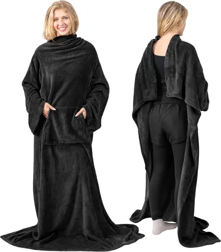 Vista 3 de PAVILIA Manta con Mangas para Adultos Mujeres Hombres, Manta Suave y Cálida Usable de Vellón Envolvente Tipo Throw, Manta Bata Regalo