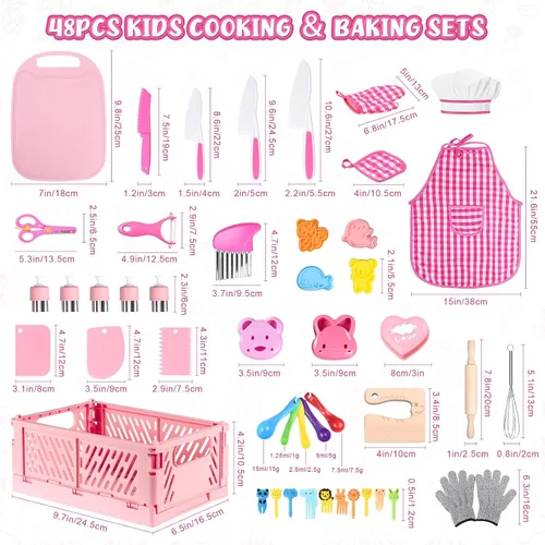 Vista 4 de Juego de Cuchillos para Niños para Cocina Real: Juego de Cocina para Niños de 48 Piezas, Juegos de Cocina para Niños Reales con Delantal y Canasta