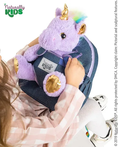 Vista 4 de Naturally KIDS Mochila para niños y niñas con animales de peluche, regalos para niños de 3, 4, 5, 6, 7 años, 01 Pequeño unicornio morado