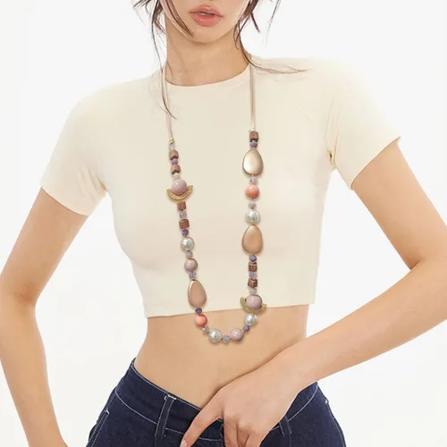 Vista 2 de Collar largo empalmado de cuerda encerada con cuentas de madera acrílica en contraste para mujer, 40 pulgadas