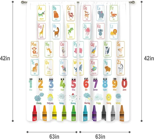 Vista 3 de MESHELLY Cortinas del alfabeto ABC para niños, 42 pulgadas de ancho x 63 pulgadas de alto, bolsillo para barra, colorido, caricatura, aprendizaje