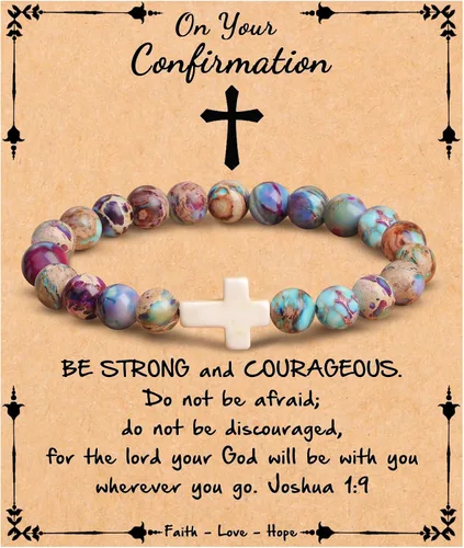 Vista 16 de JoycuFF Regalos Cristianos, Pulseras de Cruz para Mujeres, Joyería Cristiana Católica Religiosa de Fe de Pascua, Pulseras de Piedra Natural