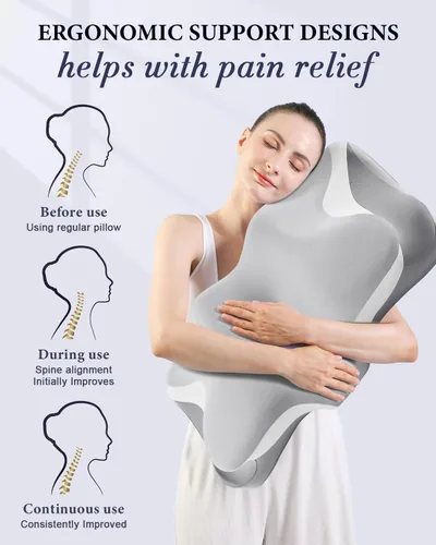 Vista 4 de Almohada cervical para el alivio del dolor de cuello, almohadas de espuma viscoelástica de enfriamiento ergonómicas para dormir con funda de Gris