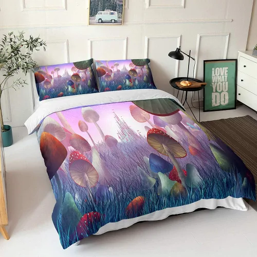 Vista 8 de Juego de funda de edredón psicodélico de fantasía con diseño de hongos psicodélicos, galaxia, verde cielo, morado, diseño de hongos estrellados, #1