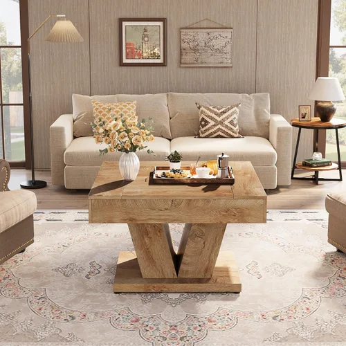 Vista 5 de Tribesigns - Mesa de café cuadrada, mesa de centro de madera para sala de estar, mesa de acento moderna de 31.5" para cóctel y té, natural