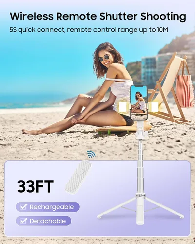 Vista 4 de Trípode para selfie stick de 53 pulgadas con luz, soporte mejorado para teléfono celular de 4 patas, trípode para cámara con control remoto Blanco a