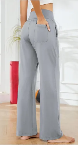 Vista 4 de Pantalones de yoga de pierna ancha para mujer, cintura alta, holgados, casuales, cómodos, para descansar, palazzo, pijamas con bolsillos