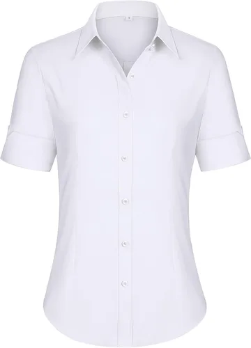 Vista 28 de siliteelon Camisas de vestir de manga corta con botones para mujer, camisas de algodón con botones para mujer, blusa ajustada de manga 3/4