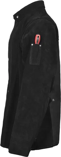 Vista 4 de Chaqueta de soldadura de cuero negro, chaquetas de seguridad de trabajo de cuero de vacuno dividido FR resistente, chaquetas de soldador