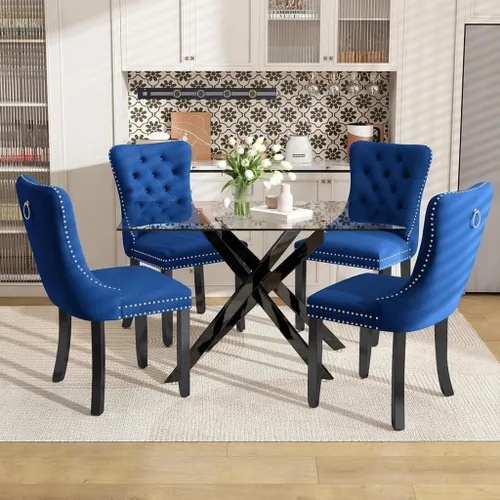 Vista 26 de Juego de mesa de comedor de 51 pulgadas de vidrio para 4, mesa de cocina rectangular de vidrio con 4 sillas tapizadas con acentos de terciopelo