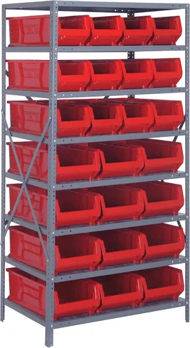 Vista 100 de Quantum QSBU-245BK Heavy Duty Shelving Unit with (7) Shelves and (24) QUS245 Black Bins for Garage Warehouse Storage Distribution 400 lb Load