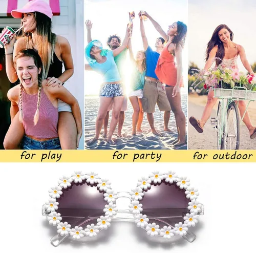 Vista 4 de Dollger Gafas de sol retro con margaritas para mujer diseño de flores redondas modernas para festivales de discoteca Tipos de marco