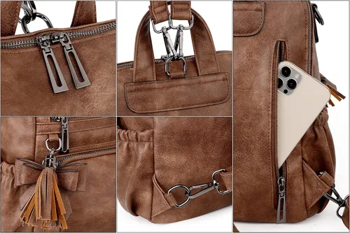Vista 3 de UTO Mochila de cuero vegano para mujer, diseño de moda, convertible con borla, para viajes, con borla