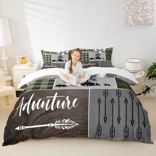 Vista 14 de Juego de funda de edredón para niños de ciervo, oso, lobo, tamaño individual, juego de ropa de cama de cabaña de aventura para niños, niñas