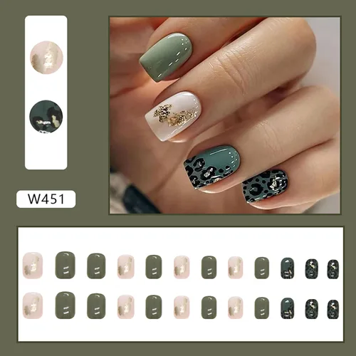 Vista 2 de Uñas postizas a presión ataúd de longitud corta, 24 piezas de cobertura completa, reutilizables, brillantes, uñas postizas con pegamento, uñas
