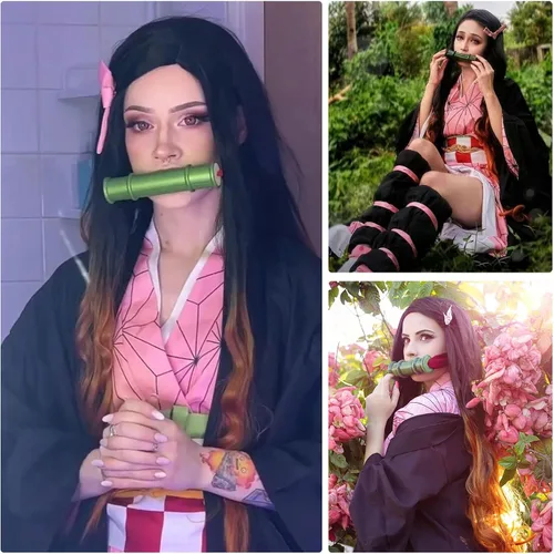 Vista 6 de Disfraz de cosplay, bata negra, kimono rosa, traje para hermana, bata negra, uniforme rosa con trajes completos de anime, conjunto de abrigo