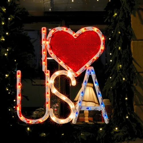 Vista 4 de Escultura patriótica iluminada del día de la independencia de la silueta de la ventana 50L iluminada roja, blanca y azul: I Love USA