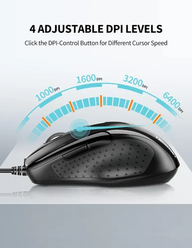 Vista 2 de TECKNET Ratón USB con Cable, Ratón de 6 Botones con Cable para Computadora con 4 DPI Ajustables, Ratones Ópticos para Computadora con Diseño