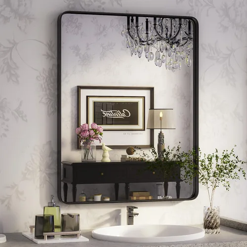 Vista 35 de ISKM Espejo con marco negro para pared de 20 x 16 pulgadas, espejo de tocador de baño antioxidante, vidrio templado, espejo rectangular redondeado